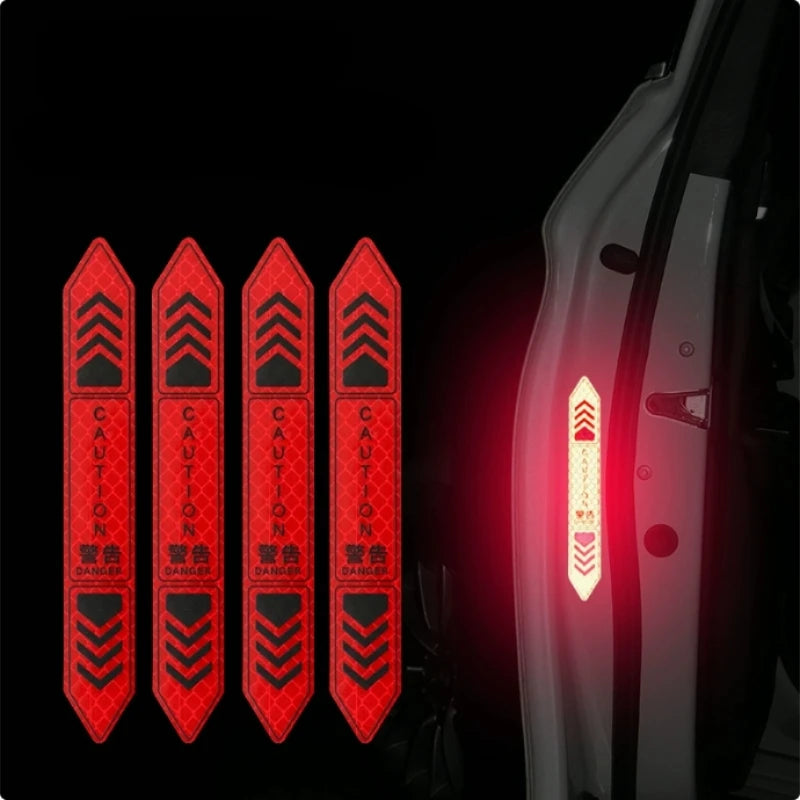 A pack of four reflective warning decals for car door open alerts, displayed against a dark background.