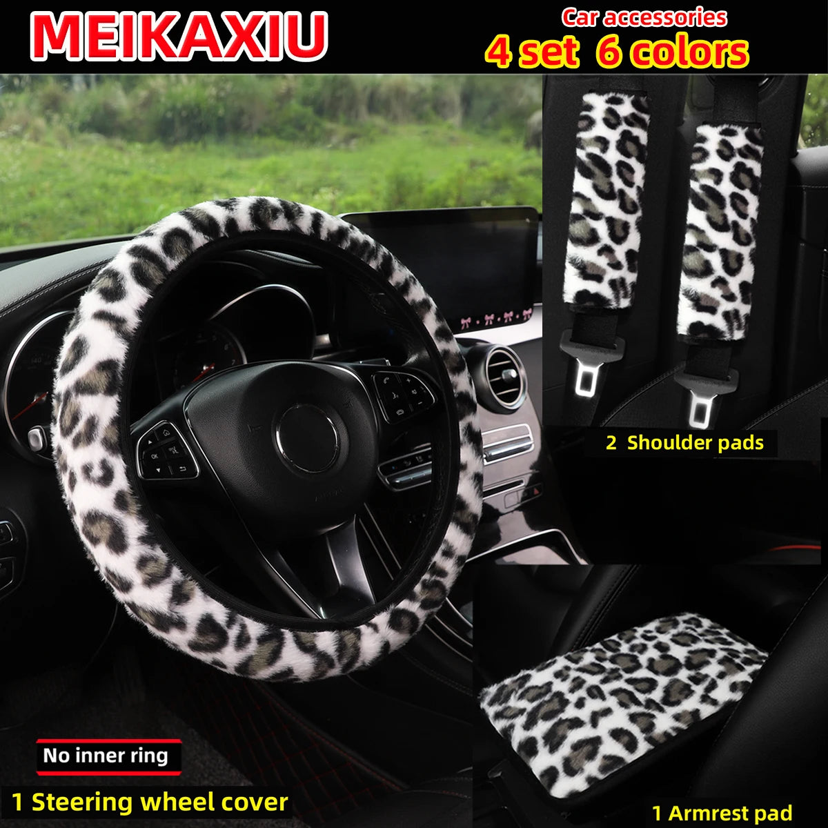 Set of 6 leopard print car accessories including a steering wheel cover and shoulder pads