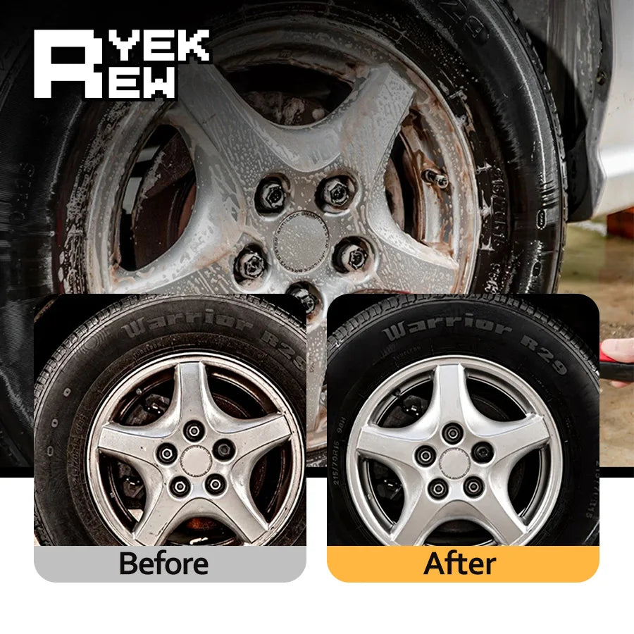 Before and after comparison of a tire and wheel cleaning process using concentrated cleaner.