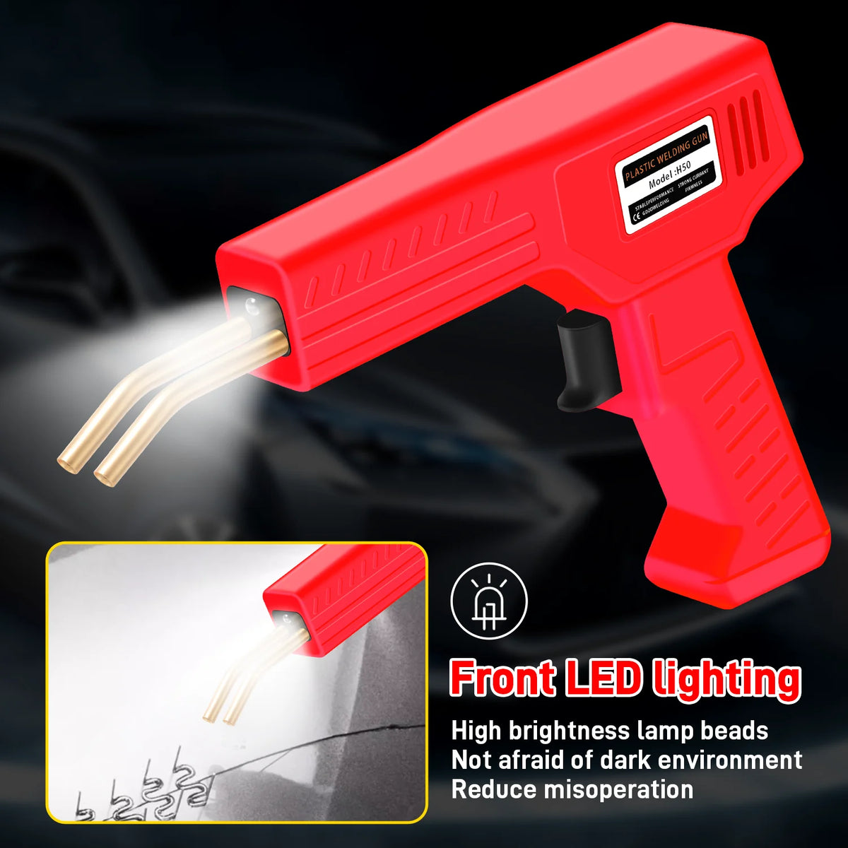 Red plastic welding gun with front LED lighting showing a close-up of the lamp beads