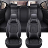 Black premium PU leather car seat covers shown in the interior of a vehicle.