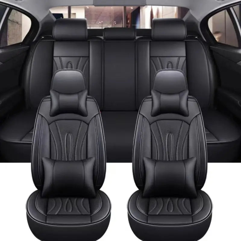 Black premium PU leather car seat covers shown in the interior of a vehicle.