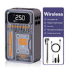A gray portable digital air compressor unit with a display showing 2.50 bar and accessories for tire pressure monitoring.