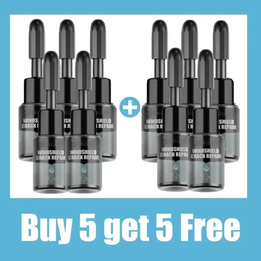 Five black windshield crack repair kits displayed in a box with a buy five get five free offer.
