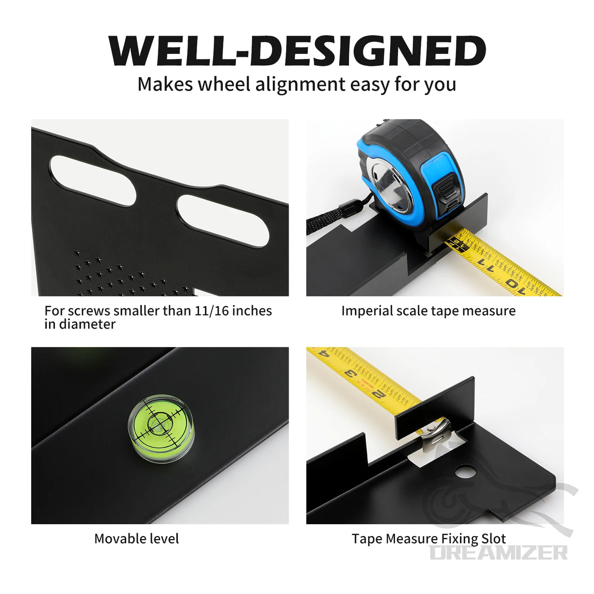 A black professional automotive wheel alignment tool kit showing various components like a level and tape measure.