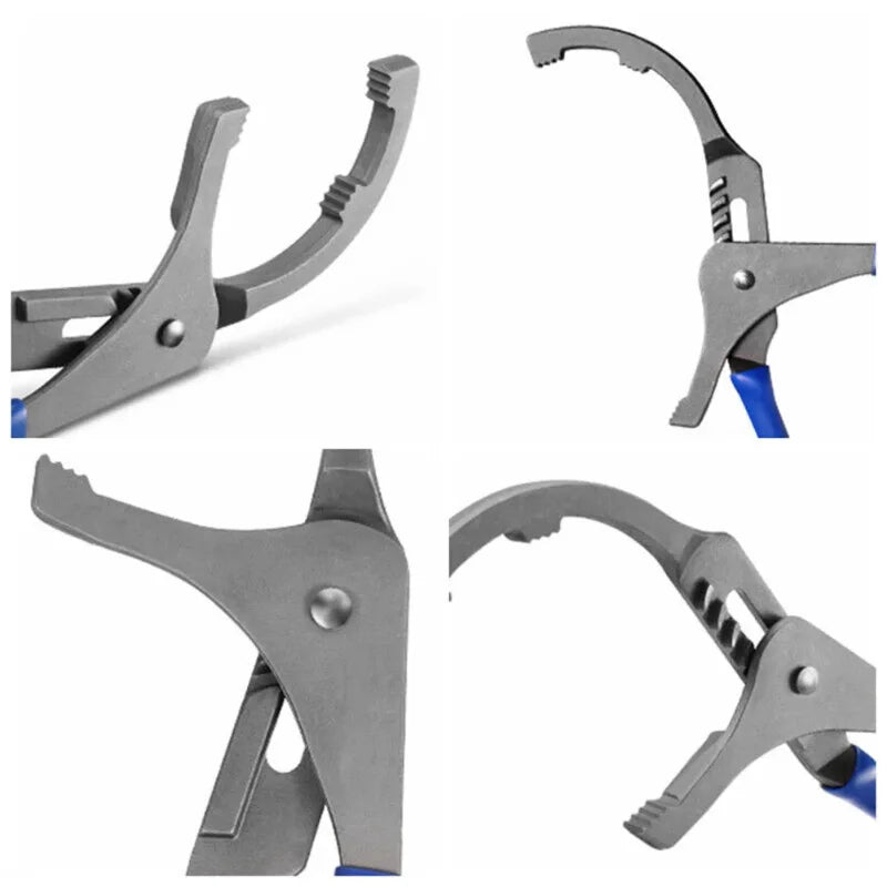 Various angles of adjustable oil filter pliers wrench tools in gray and blue.