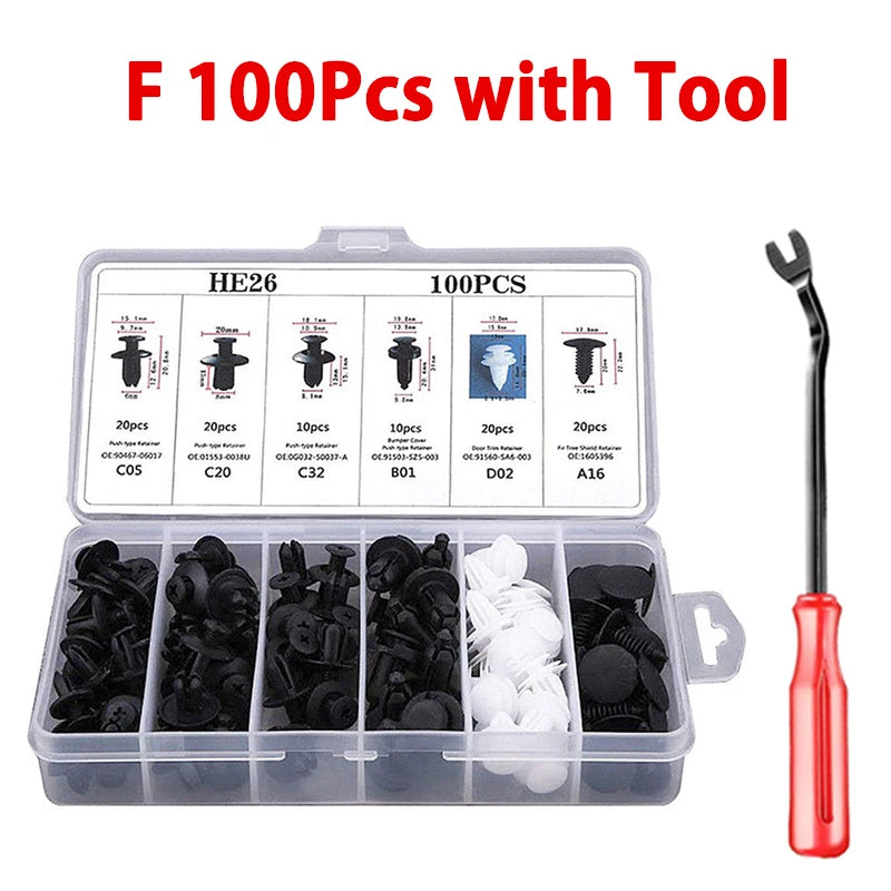 A clear plastic box containing 100 pieces of various auto fastener clips and tools for trim and body repair