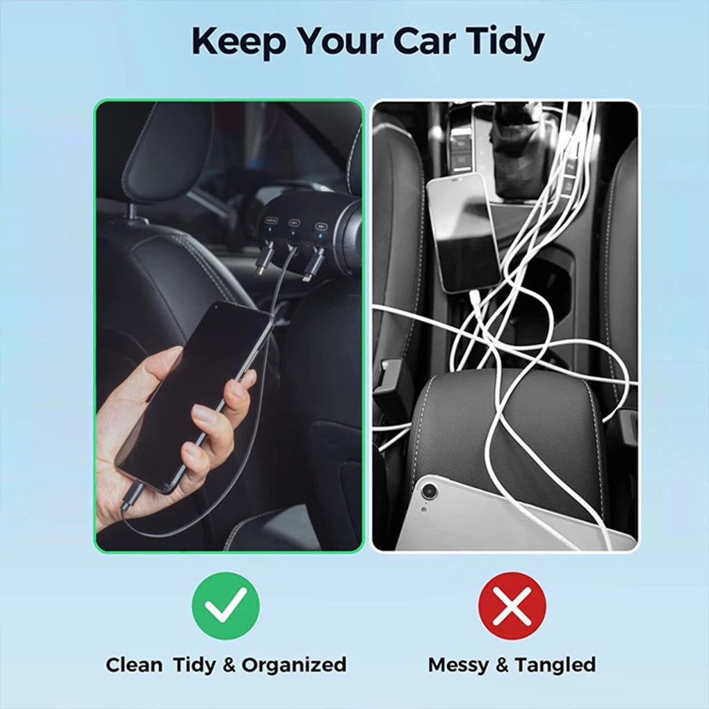 A hand is using a retractable car headrest charging cable to charge a smartphone in a car interior.