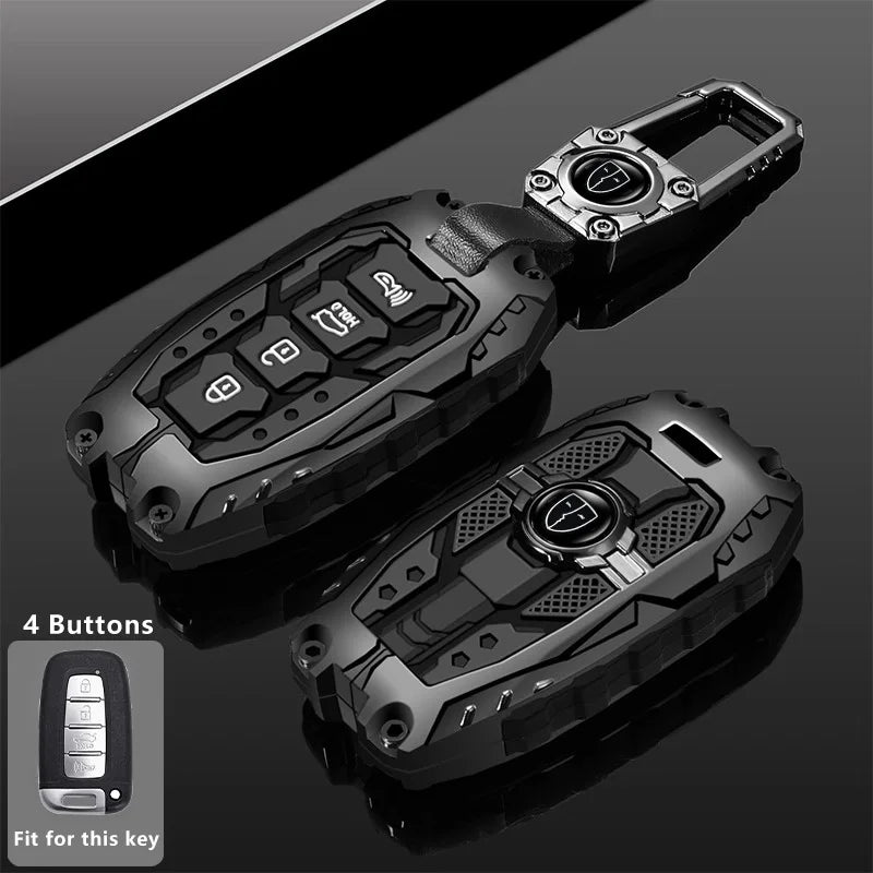 A black universal car key fob cover for Hyundai and Kia models shown with a close-up of the four buttons.