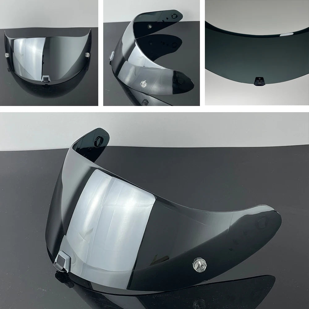 A motorcycle helmet visor lens shown in various angles and finishes, including mirrored silver and dark tint.