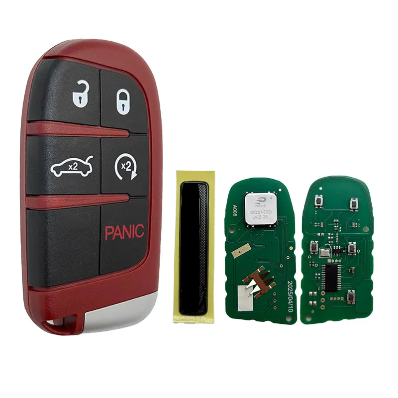 A red and black smart key fob with five buttons and an electronic circuit board for vehicle access.