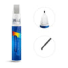 A blue car touch-up paint pen with a brush and pen tips shown in various views.