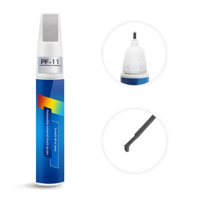 A blue car touch-up paint pen with a brush and pen tips shown in various views.