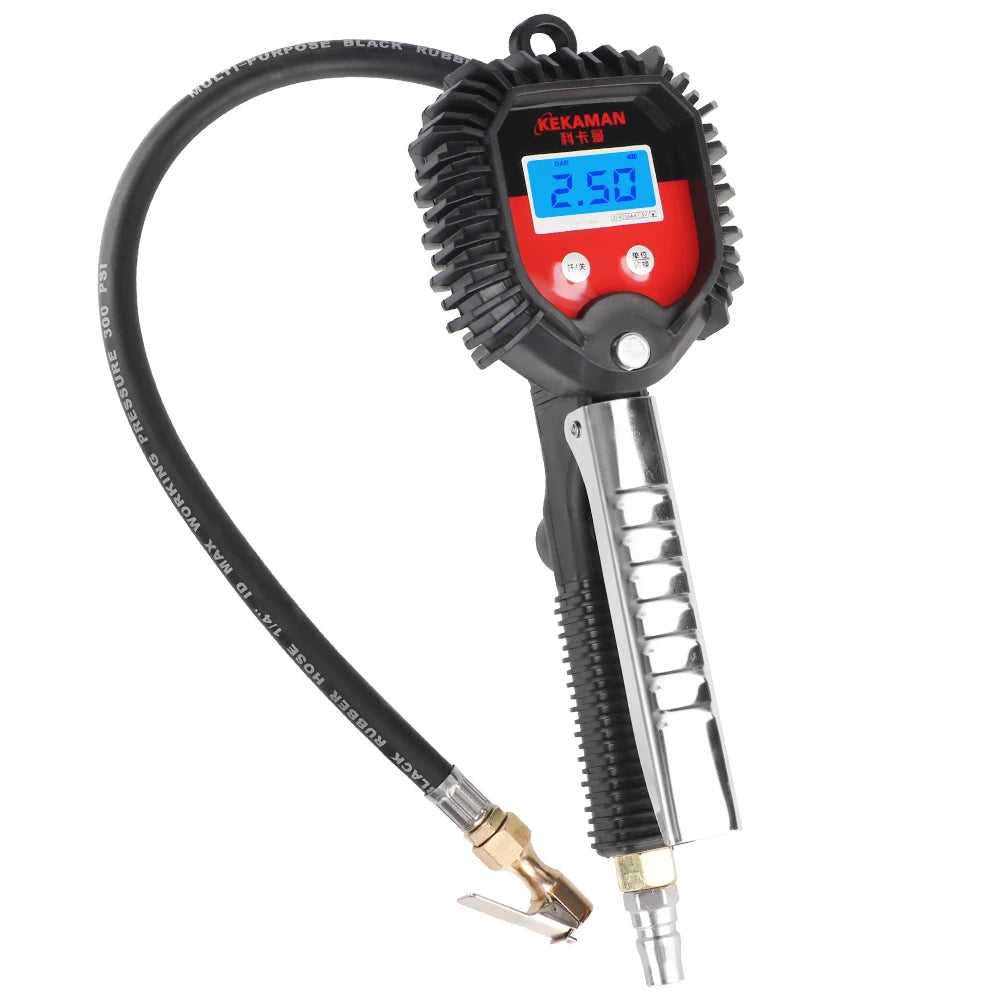 A black digital tire pressure gauge with an LCD display and hose attachment.