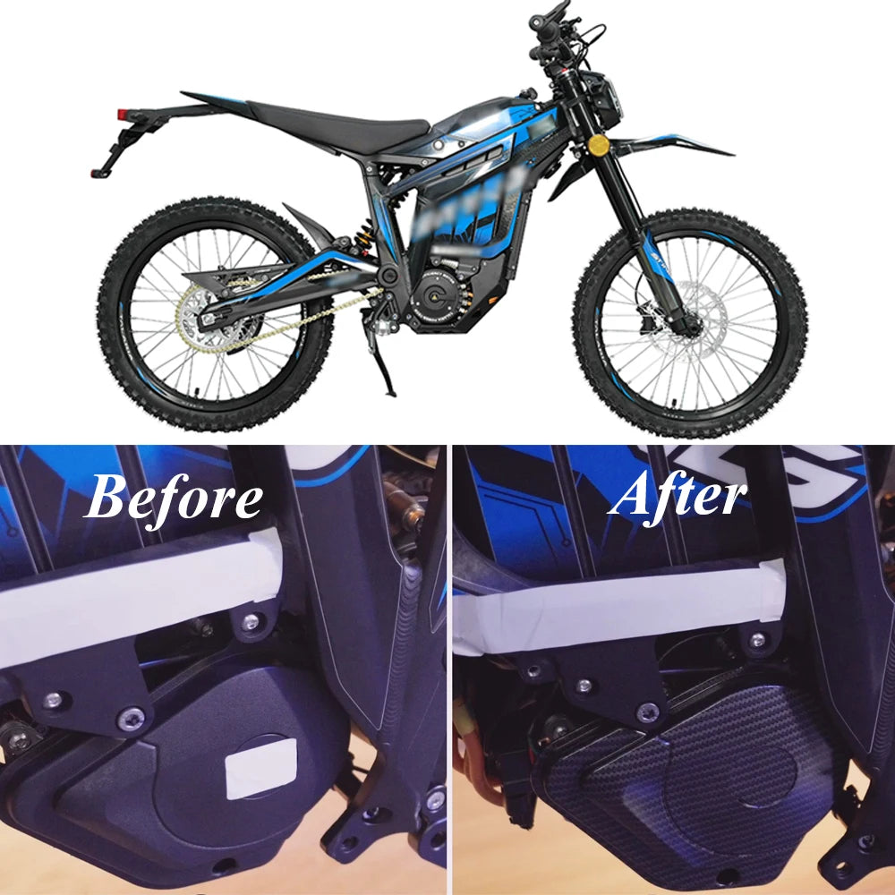 A motorcycle mudguard and protection kit for a Talaria model, showing before and after installation.