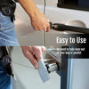 Hands demonstrate the easy use of a heavy-duty retractable keychain badge holder with a carabiner on a door lock.
