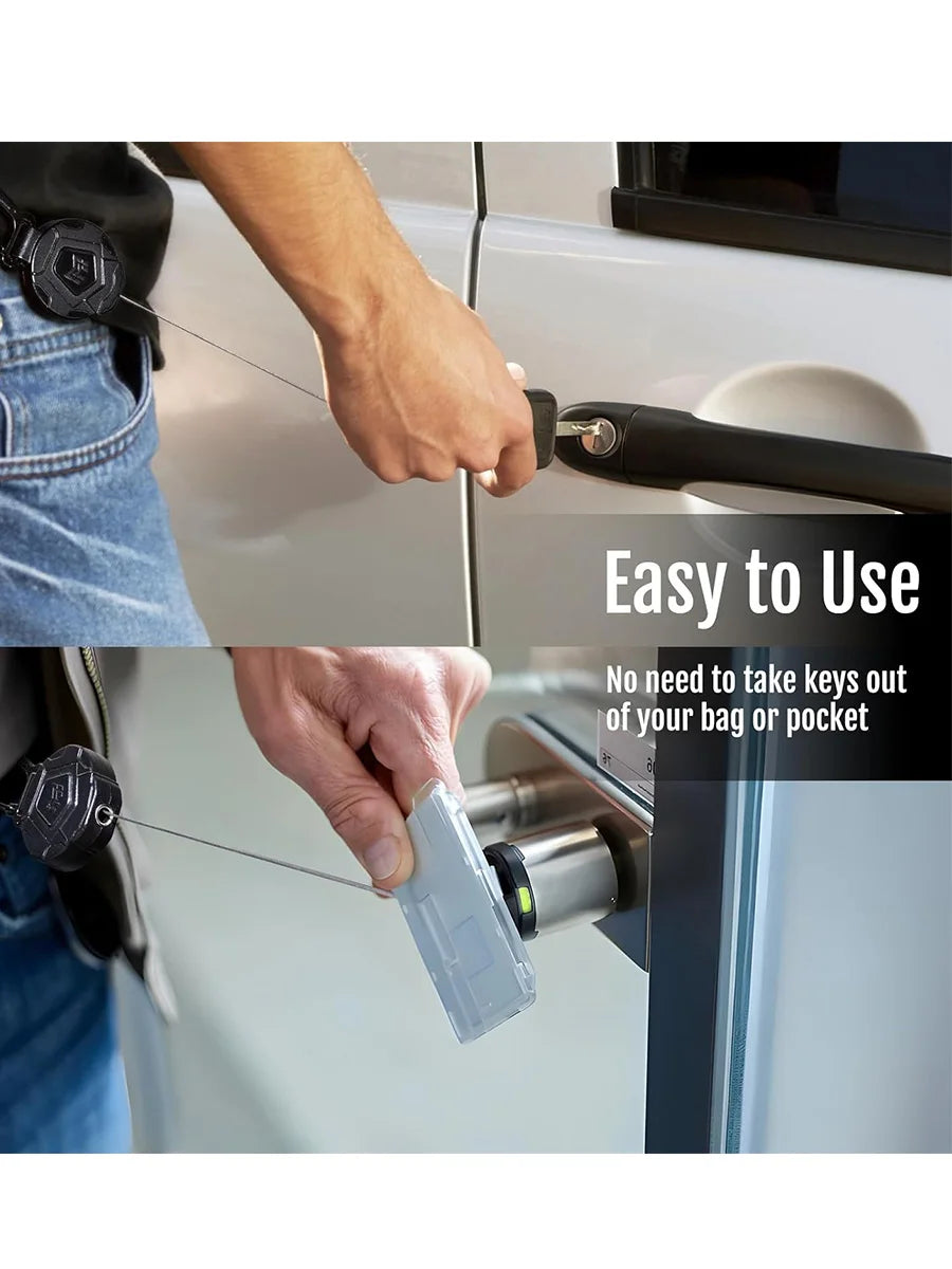 Hands demonstrate the easy use of a heavy-duty retractable keychain badge holder with a carabiner on a door lock.