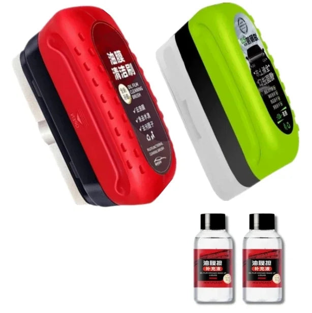 A set of two professional windshield cleaning brushes, one red and one lime green.