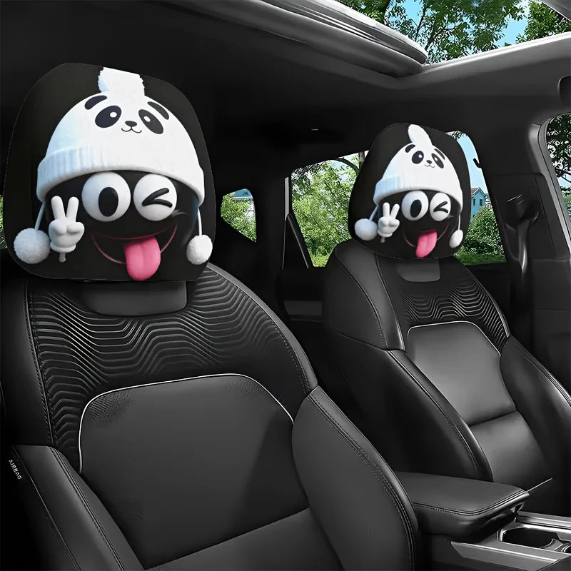 Black car headrest covers featuring a funny panda face design.