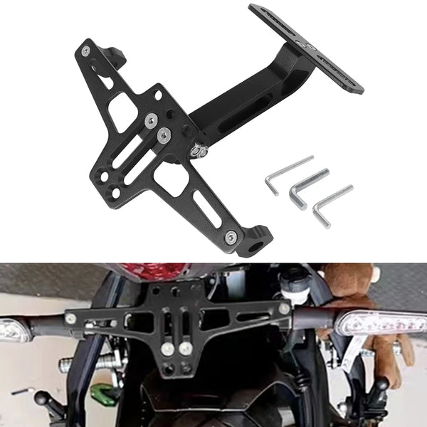 Soporte de matrícula universal para motocicleta negro con soportes y tornillos.