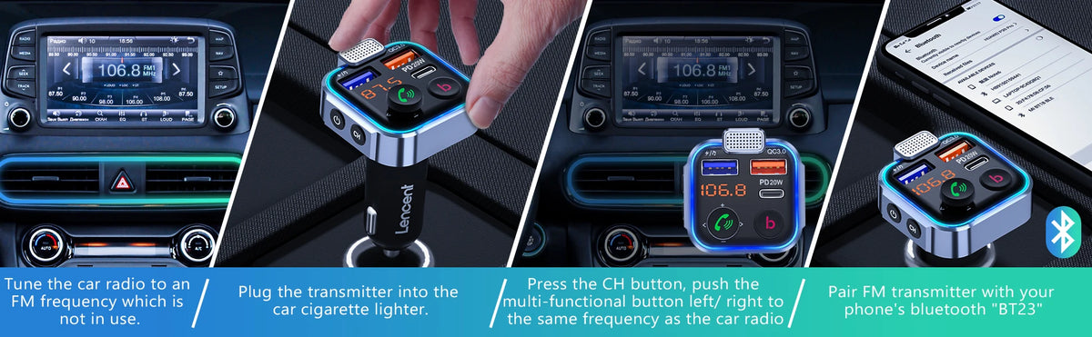 Demonstration of a Bluetooth car audio transmitter connecting a phone to a car radio.