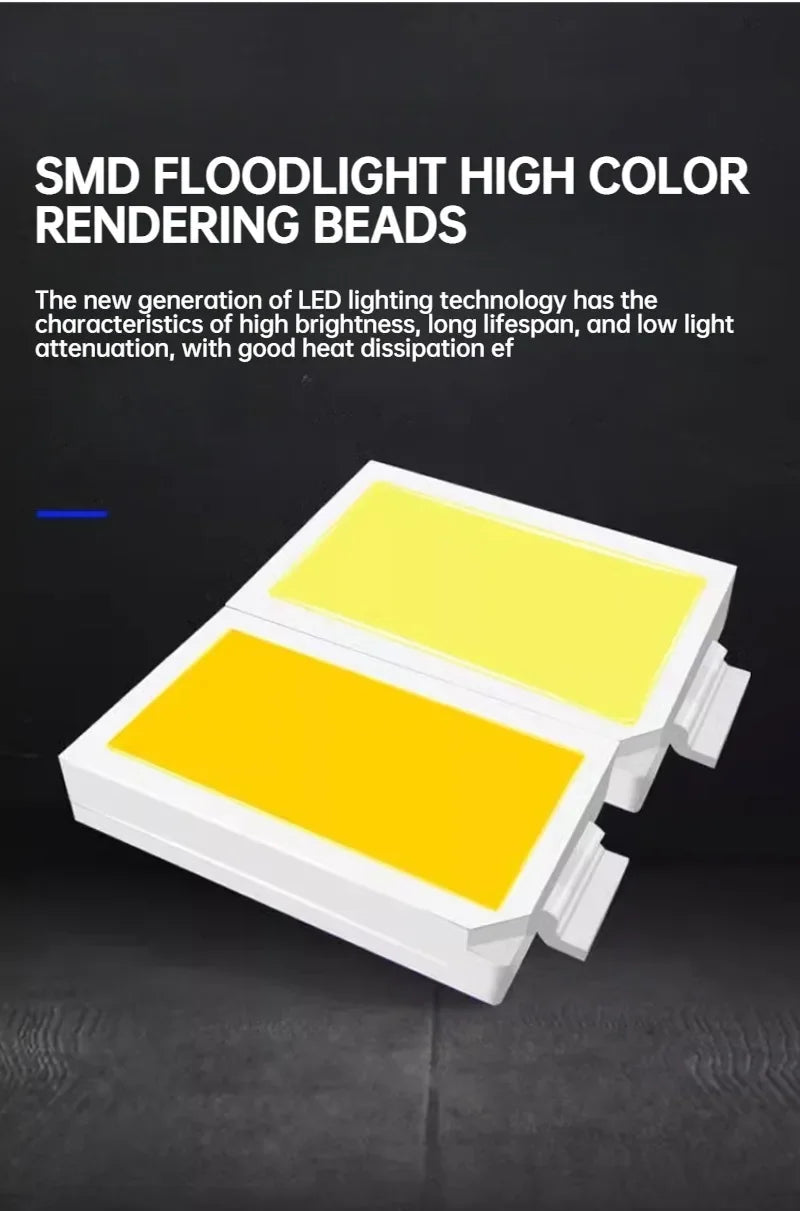 A yellow SMD floodlight LED bead is shown in a white housing, resting on a dark surface.