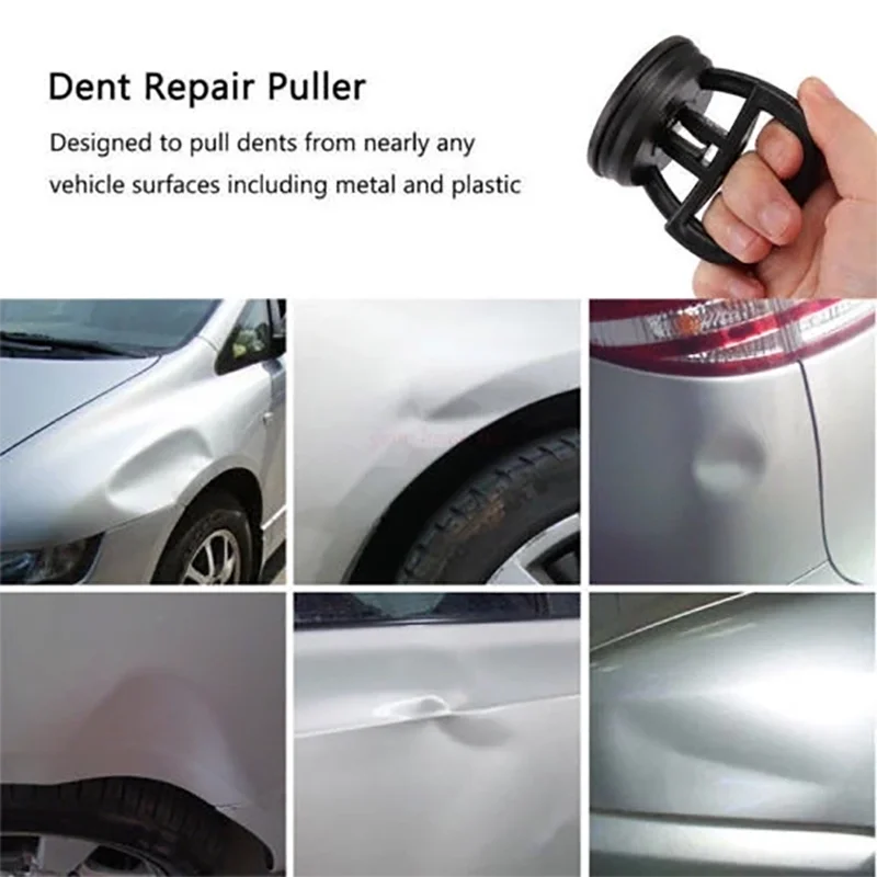 A hand holds a black suction cup dent repair puller tool designed to remove dents from vehicle surfaces.