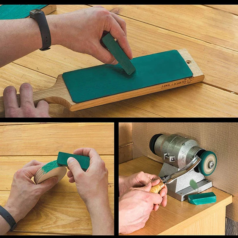 Hands are polishing a green metal bar with a dark wristband on a wooden surface.