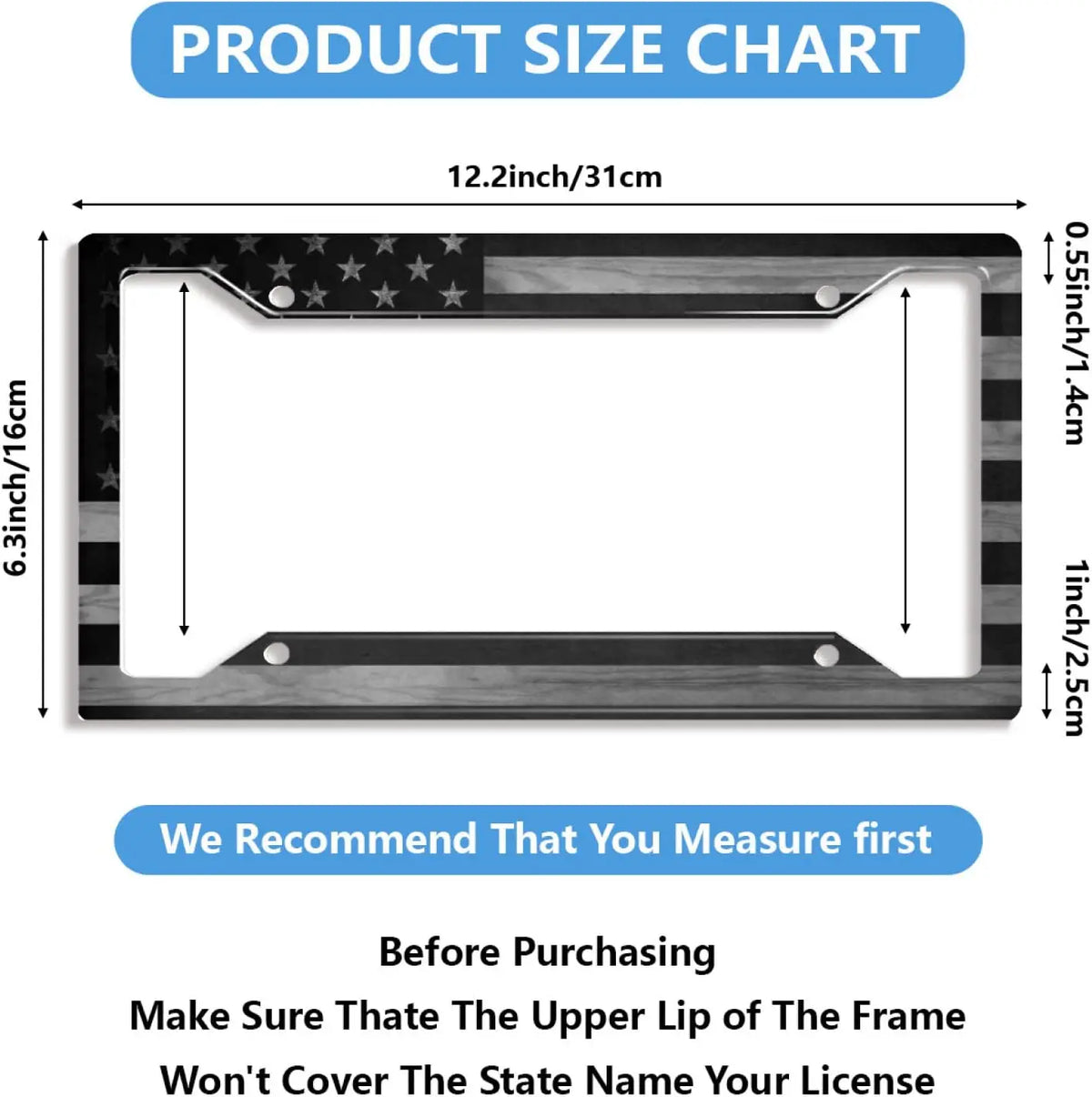 Product size chart showing dimensions for a license plate frame, including 12.2 inch length and 6.3 inch width.