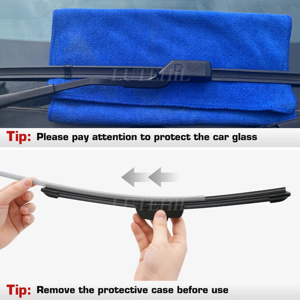 A blue protective case for a car wiper blade is shown with instructions on how to remove it before use.