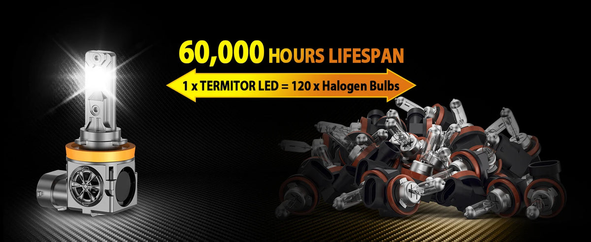 مصباح LED واحد من تيرميتور بجوار حزمة من 120 مصباح هالوجين، يوضح عمرًا يصل إلى 60,000 ساعة.
