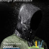 A black hooded garment is shown against a dark background with performance indices listed.