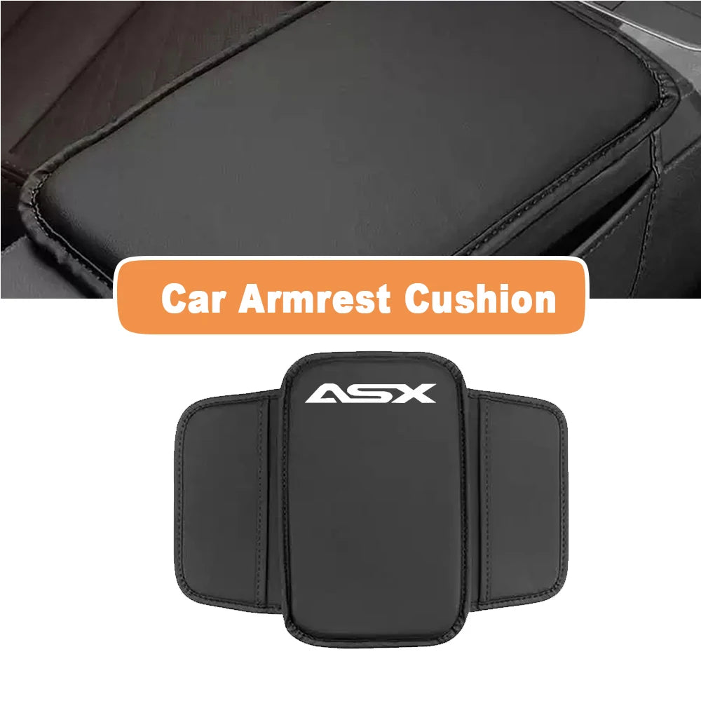Black automotive car armrest cushion with an ASX logo for protection and storage