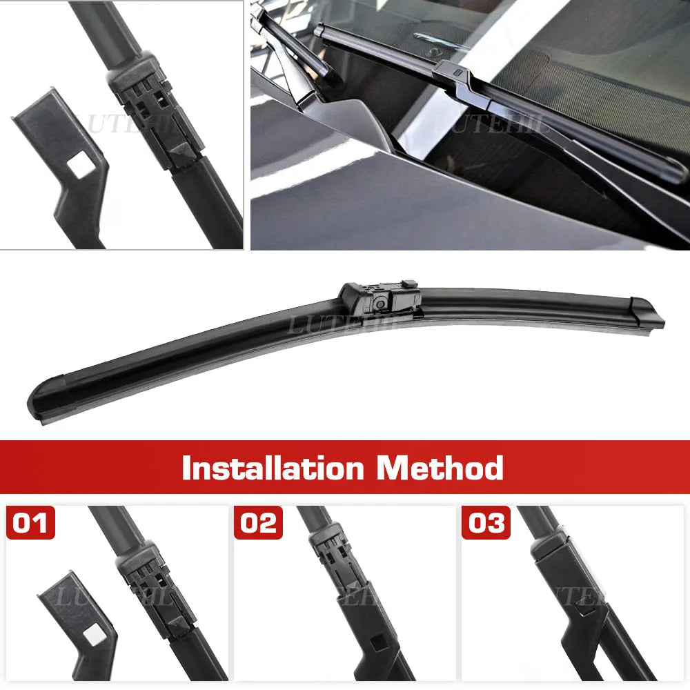 Set of black front wiper blades for Ford Ranger, showing installation components and the finished blade.