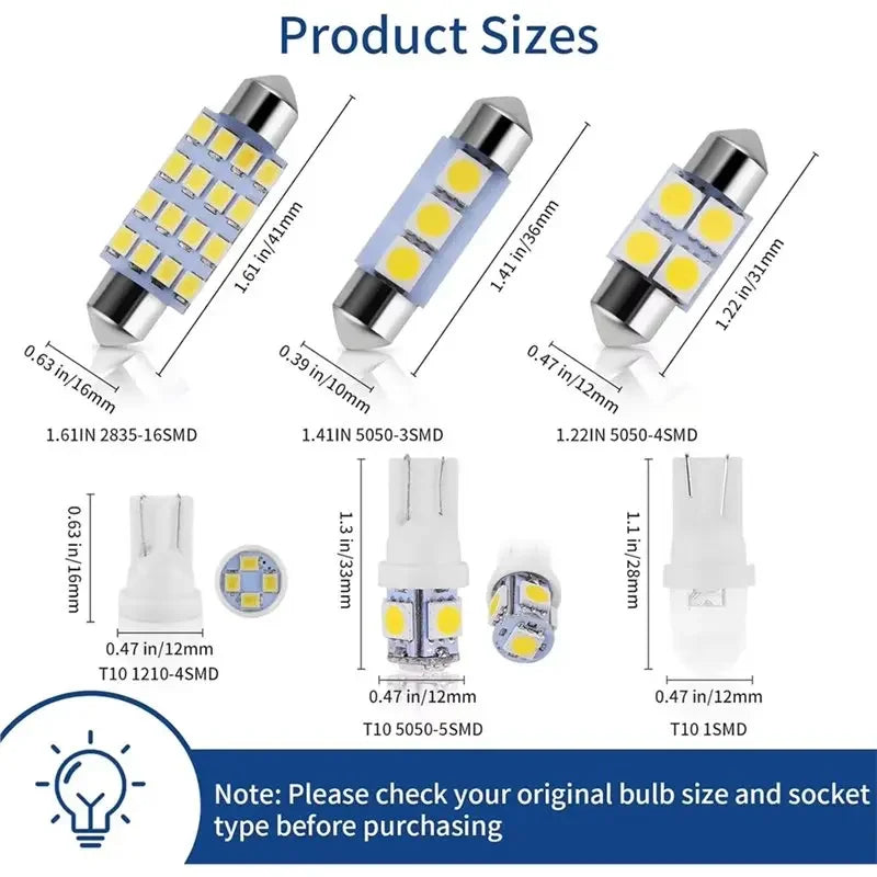 Various sizes of high-intensity LED car interior bulbs shown in different lengths and shapes