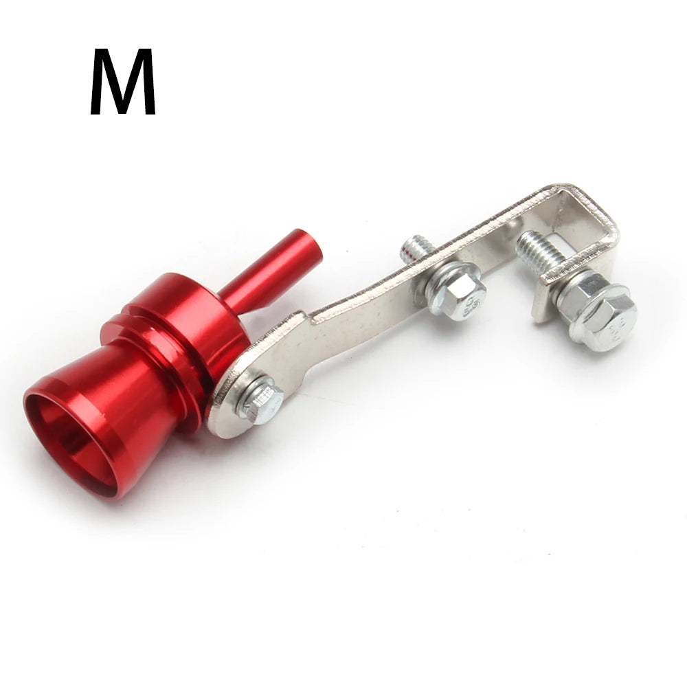 A red universal turbo exhaust whistle with a metal mounting bracket and bolts.