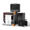 A black industrial endoscopic camera is shown next to its packaging and a coiled cable.
