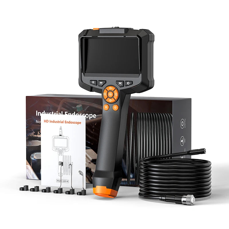 A black industrial endoscopic camera is shown next to its packaging and a coiled cable.