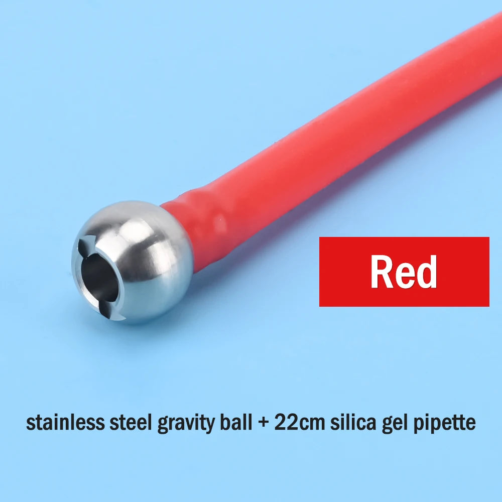 A red silicone gel pipette and a stainless steel gravity ball are shown against a light blue background.