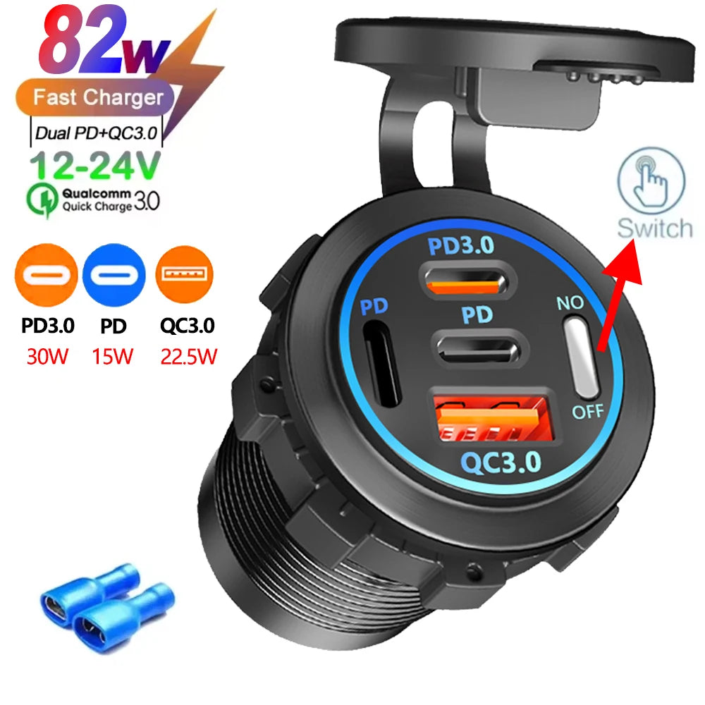 A black multi-port PD/QC car charger adapter with multiple output ports and a switch.