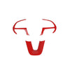A red universal car steering wheel decoration cover shaped like a stylized letter E.