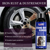 A bottle of Iron Rust & Dust remover spray next to a car wheel showing rust damage.