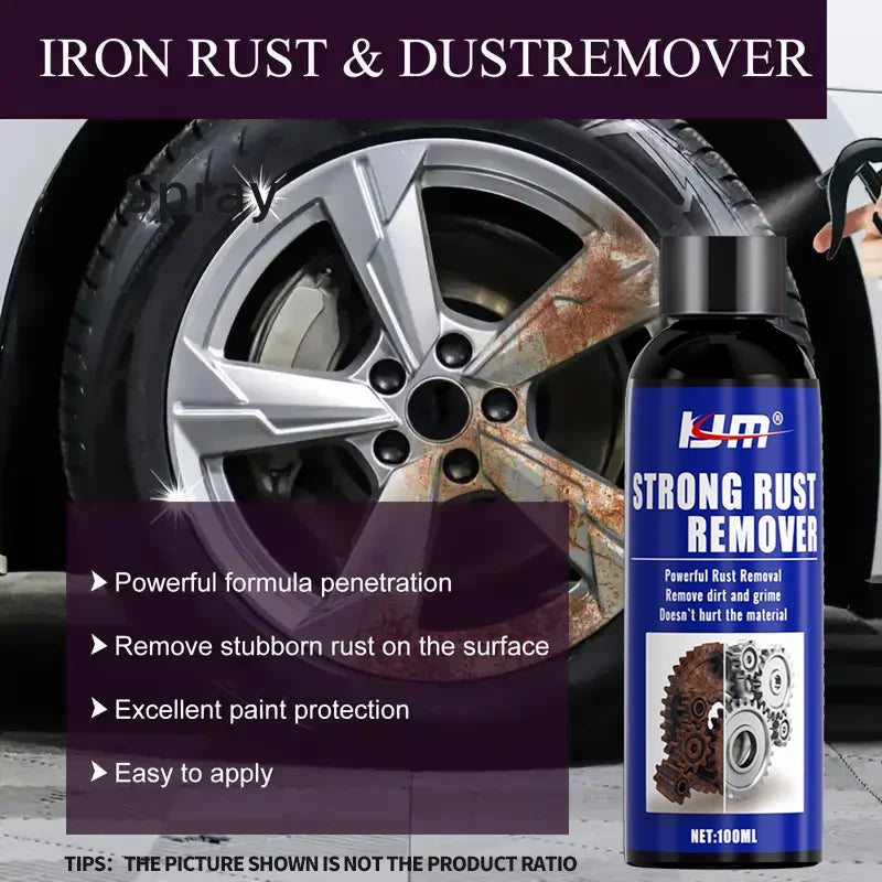 A bottle of Iron Rust & Dust remover spray next to a car wheel showing rust damage.