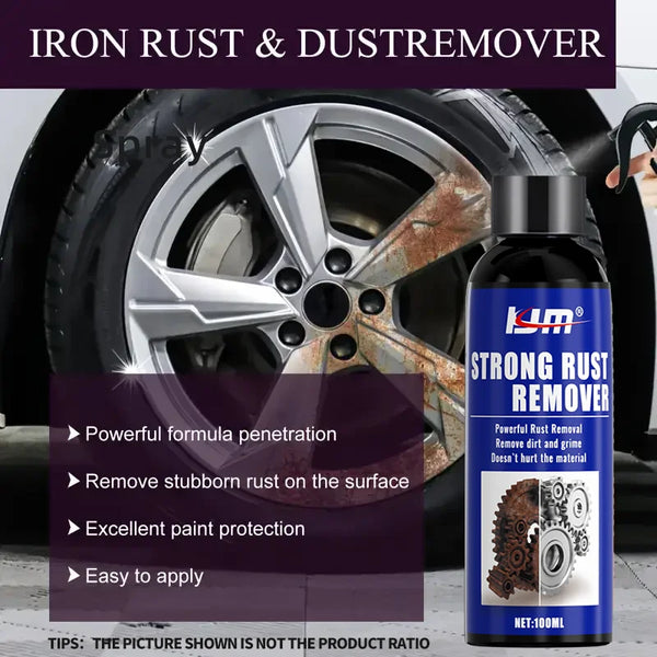 A bottle of Iron Rust & Dust remover spray next to a car wheel showing rust damage.