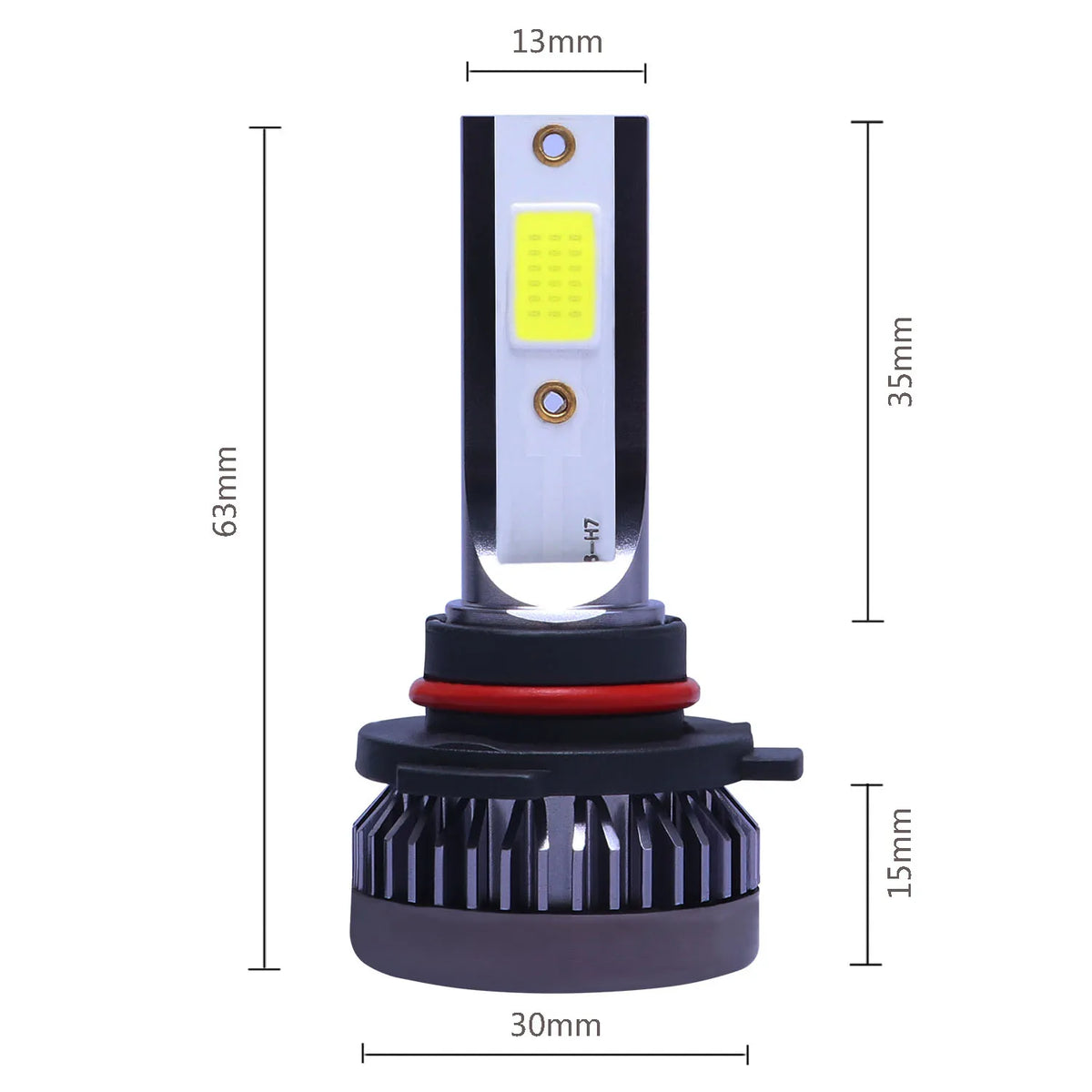 Vertikale Ansicht einer Hochleistungs-LED-Auto-Scheinwerferglühbirnenbaugruppe mit gelbem Licht und schwarzer Basis.