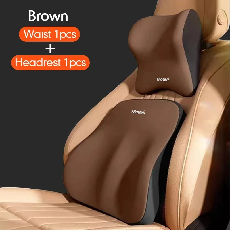 Brown ergonomic lumbar support pillow and headrest for car travel