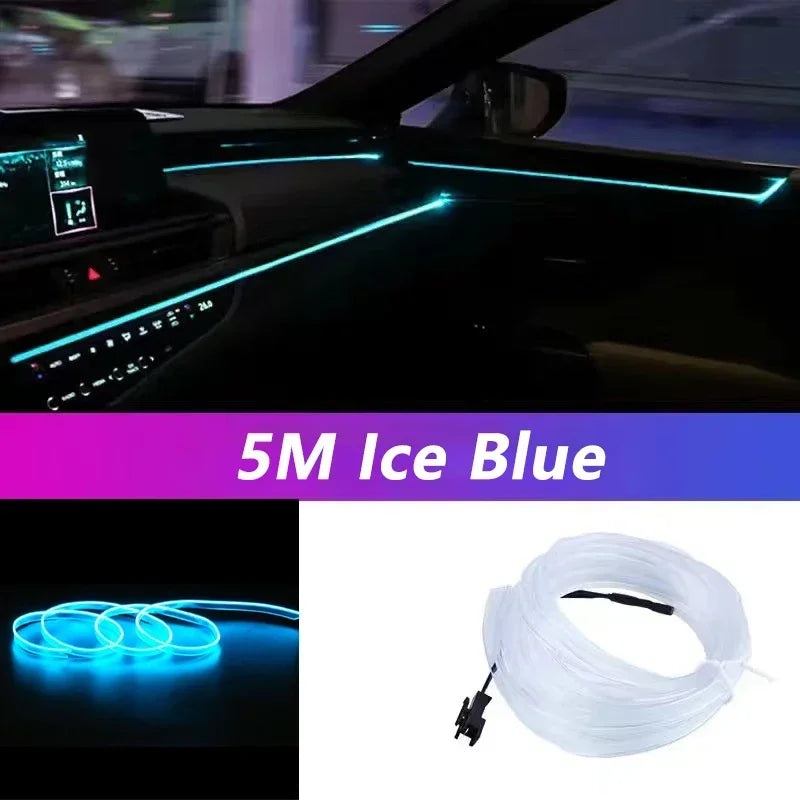 Bande lumineuse LED néon flexible bleu glace, présentée comme un fil blanc enroulé, pour usage automobile et décoration.