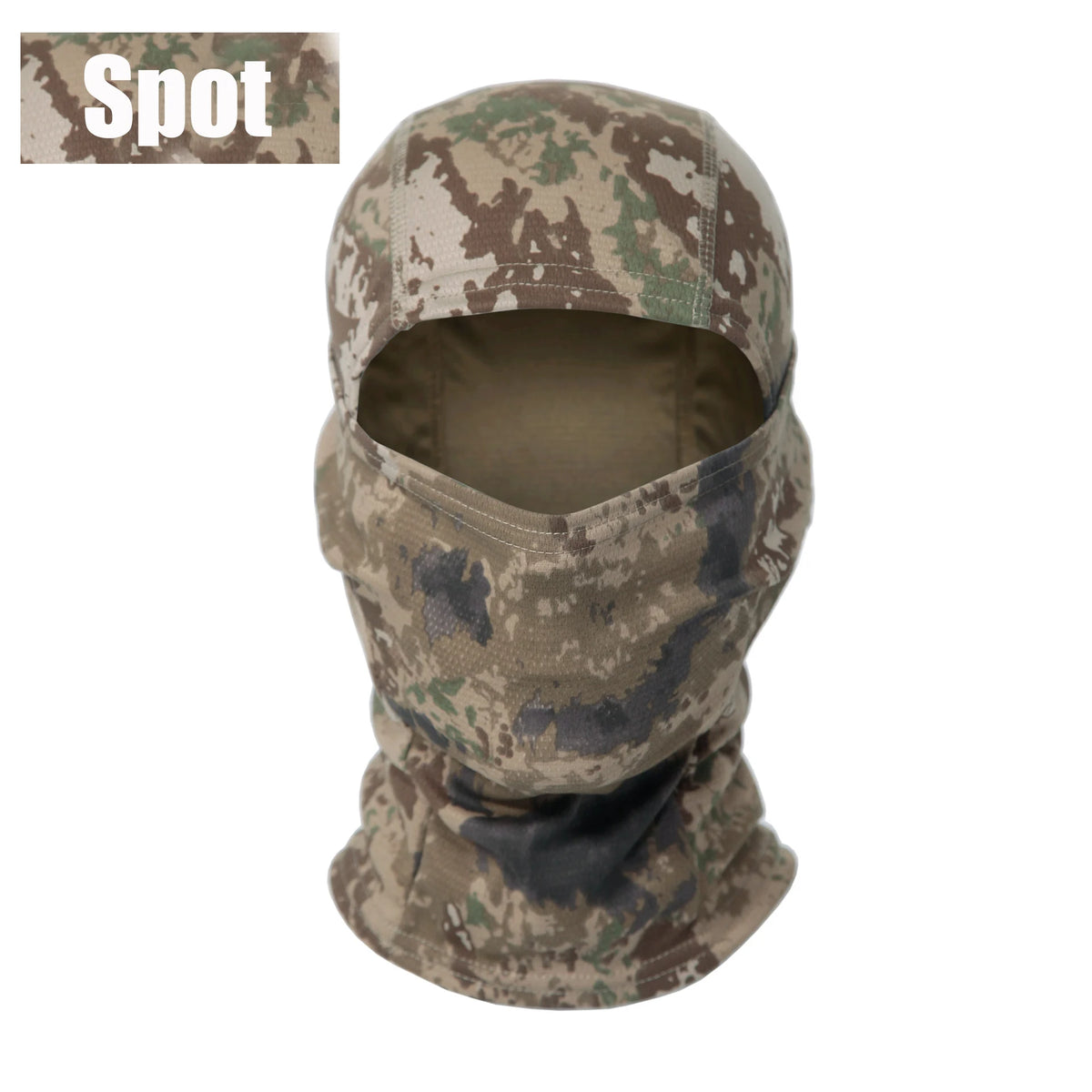 A camouflage tactical balaclava full face mask in a muted green and brown pattern.