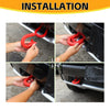 Installation steps showing how to attach a red tow hook cover to a car exterior bumper.