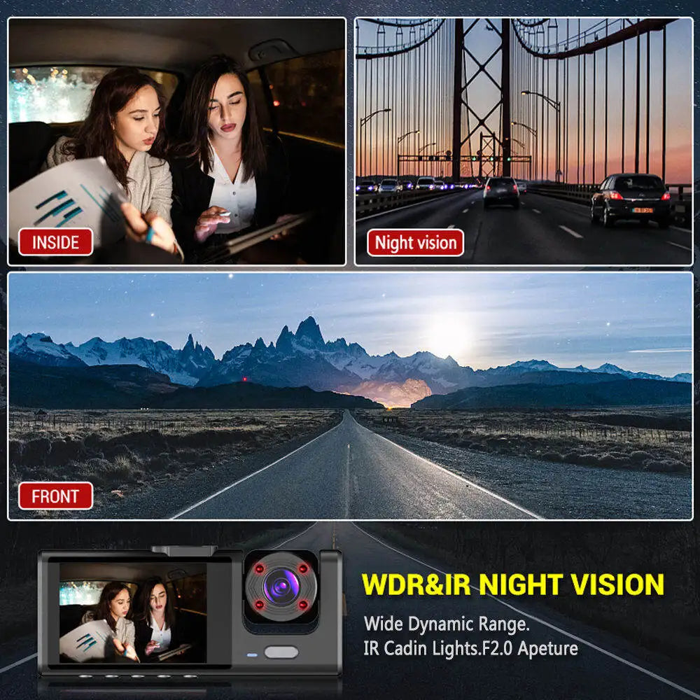 3-in-1 Auto-Cam, Nachtsichtaufnahme von zwei Personen und eine Landschaftsansicht von vorne.